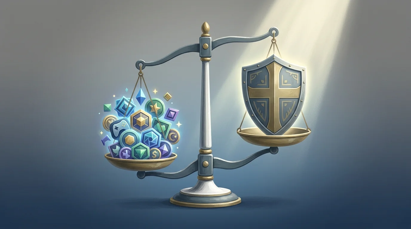 Symbolische Gegenüberstellung von Spielkomfort und gesichertem Spielerschutz als Kompromiss