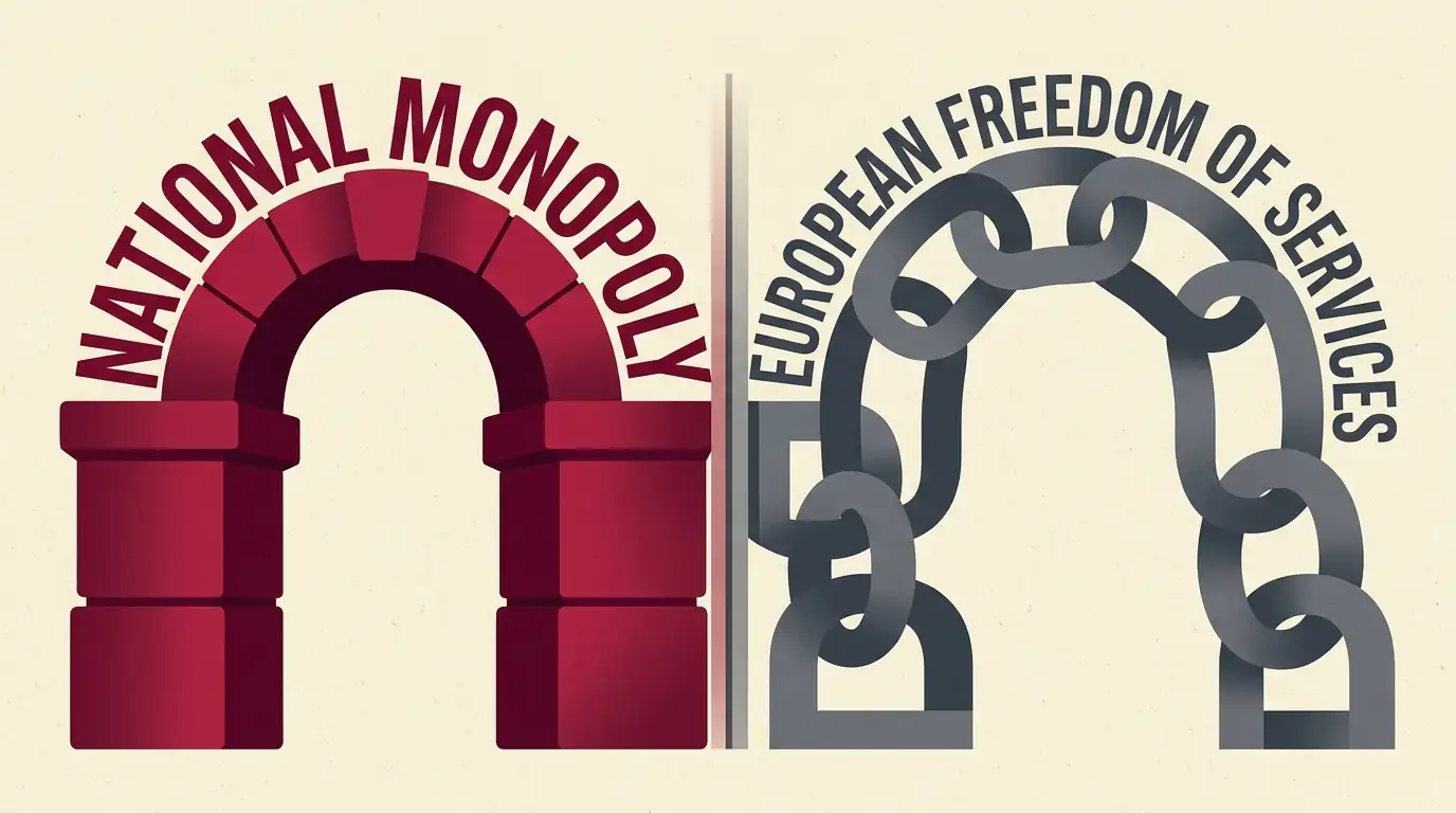 Bildliche Gegenüberstellung von nationalem Monopol und europäischer Dienstleistungsfreiheit im Glücksspiel