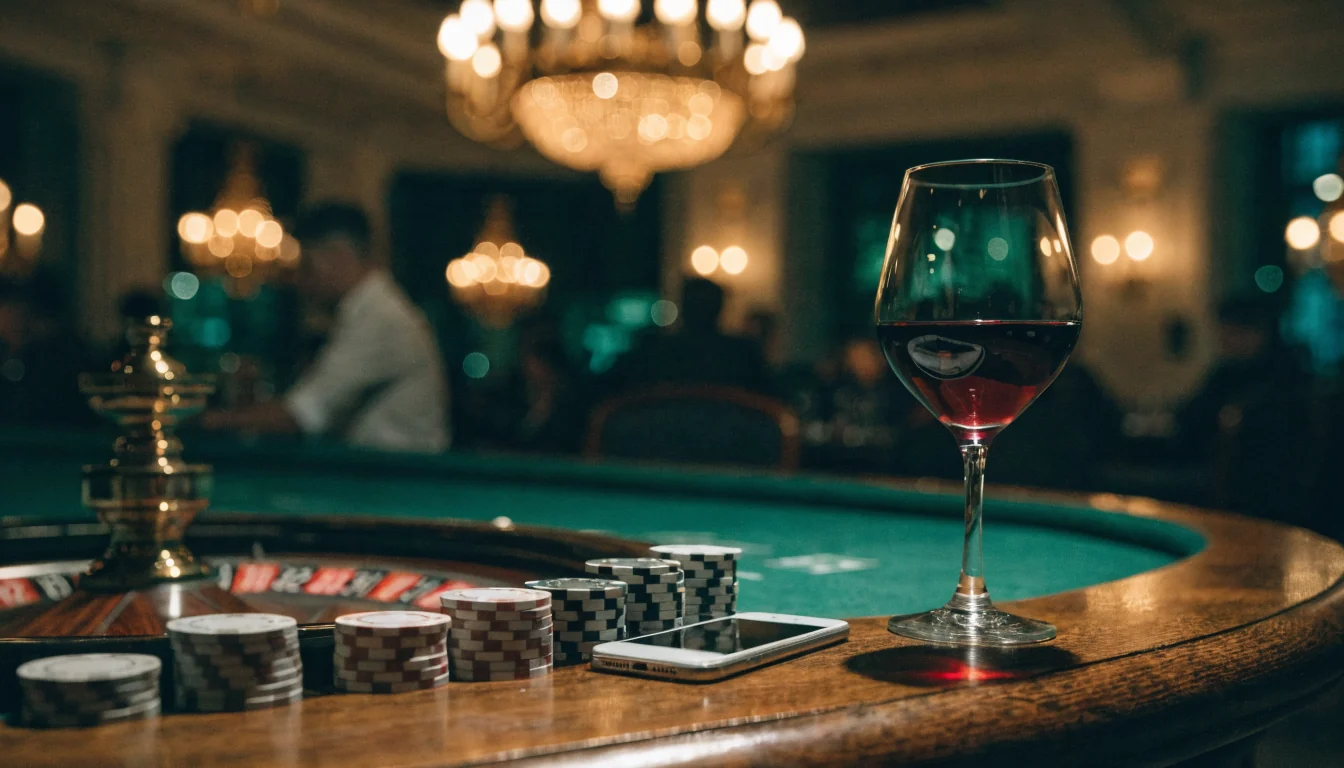 Eleganter Casinoabend in Österreich mit Roulette, Chips und Smartphone auf dem Tisch.