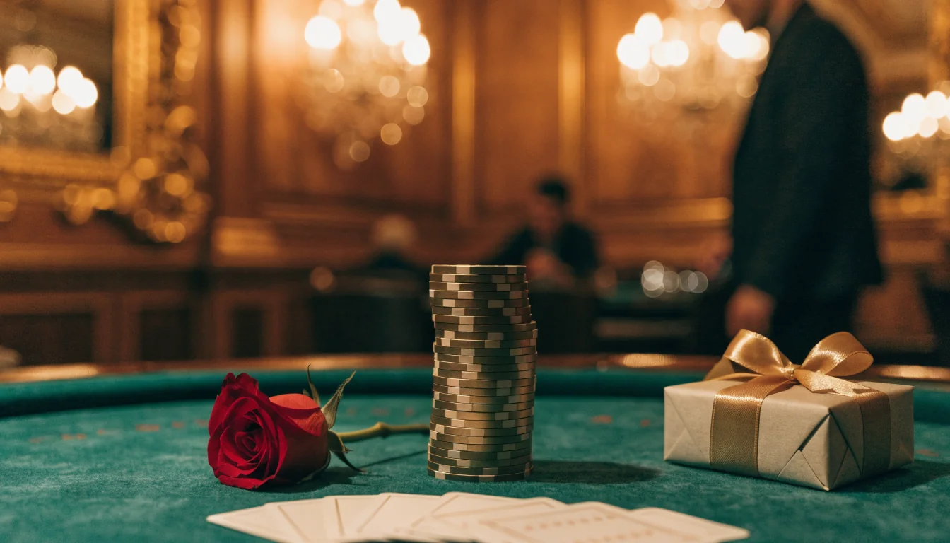 Luxuriöser Casino-Tisch mit goldenen Chips, Spielkarten und österreichischem Flair