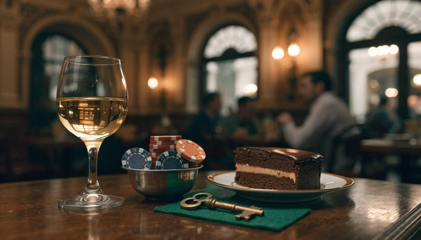 Casino-Chips und Weinglas in einem Wiener Kaffeehaus, Symbol für Gratis-Bonus