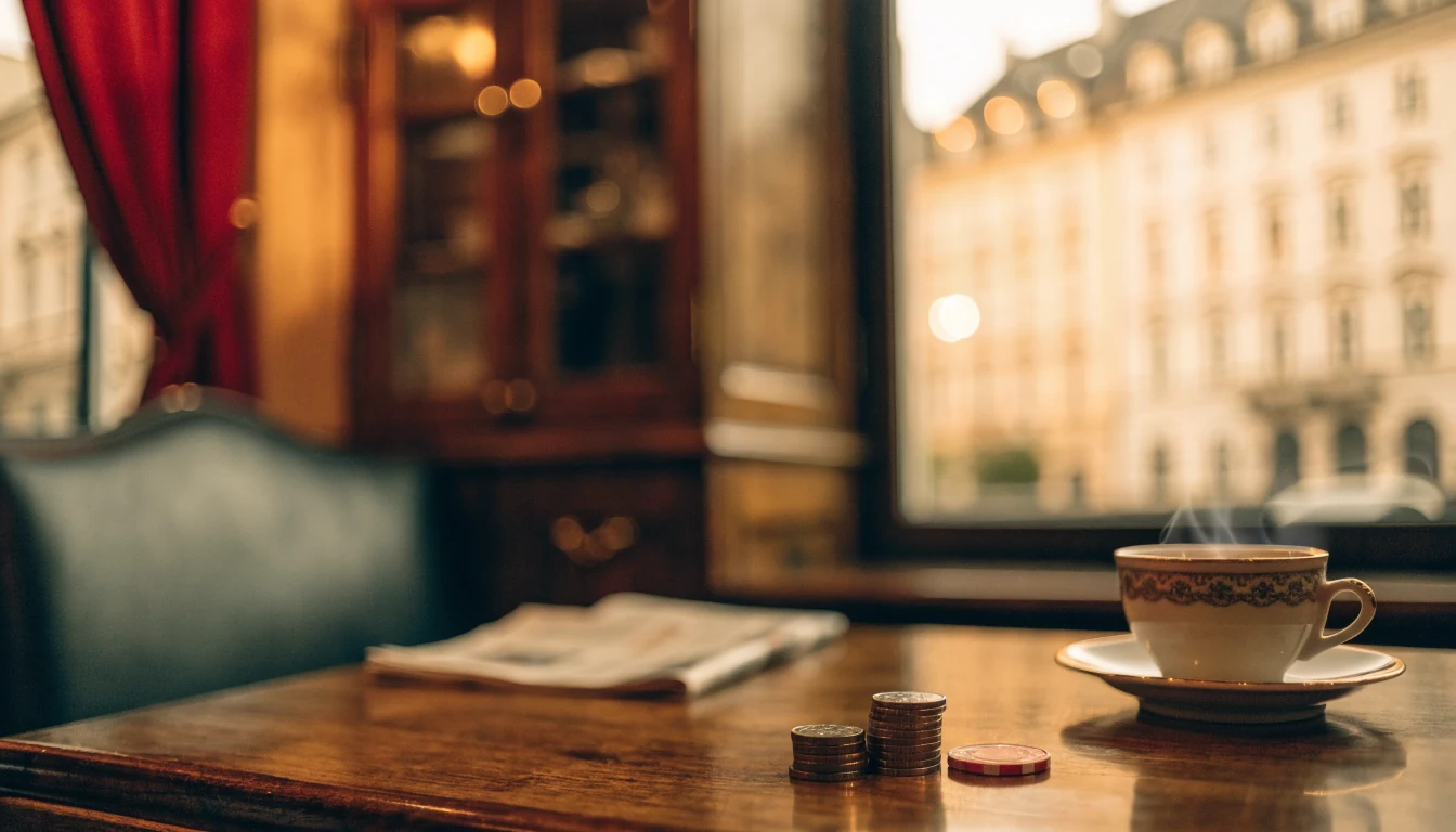 Wiener Café-Tisch mit Euro-Münzen und Casino-Spielchip