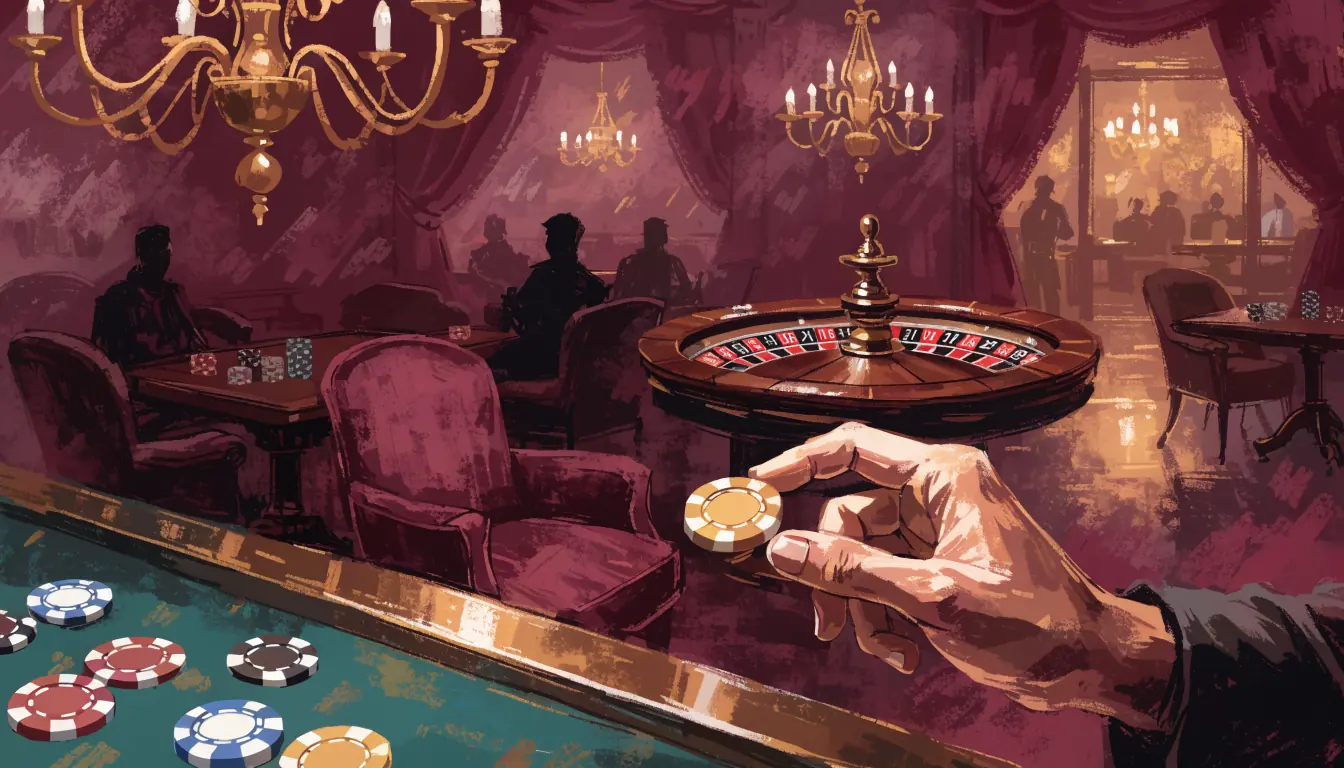 Stilisierte österreichische Casino-Lounge mit Roulette-Tisch, Jetons und gedämpfter Beleuchtung