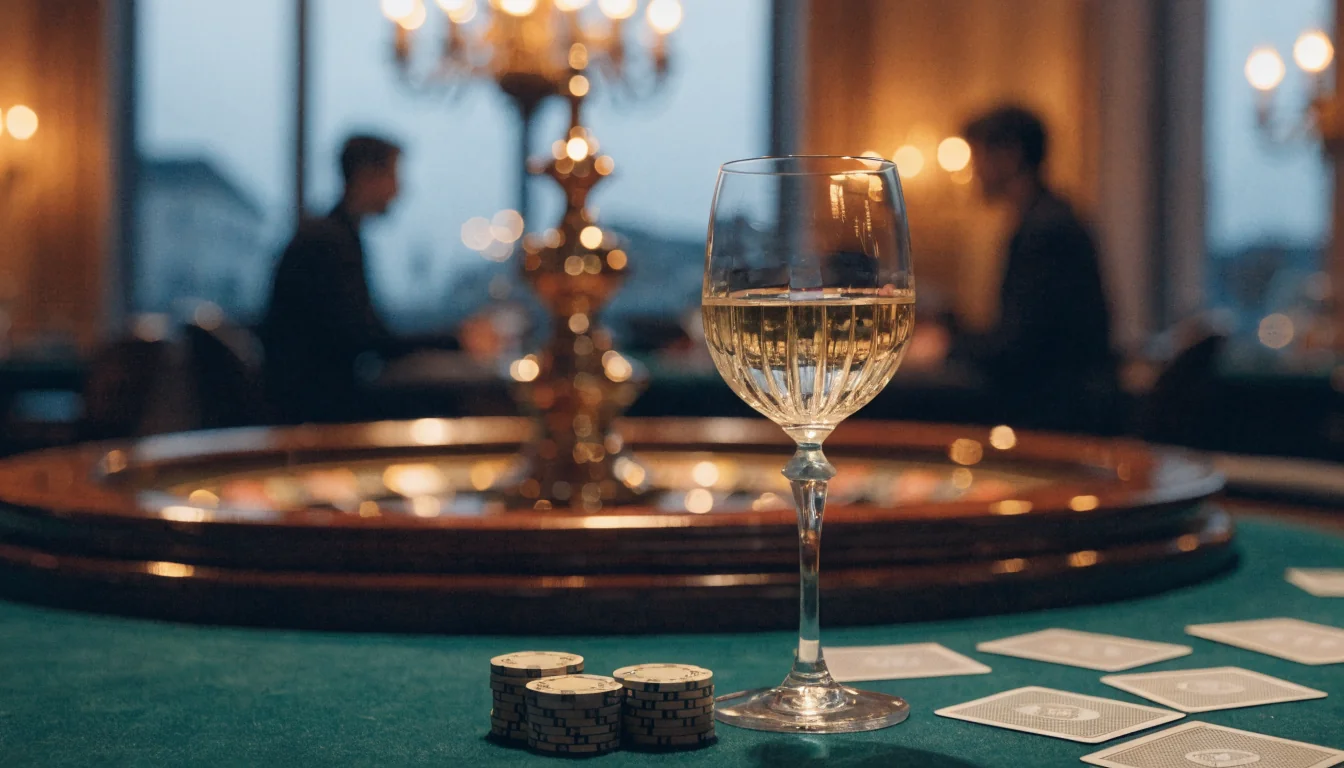 Österreichische Casino-Atmosphäre mit Jetons, Roulette und Wein.
