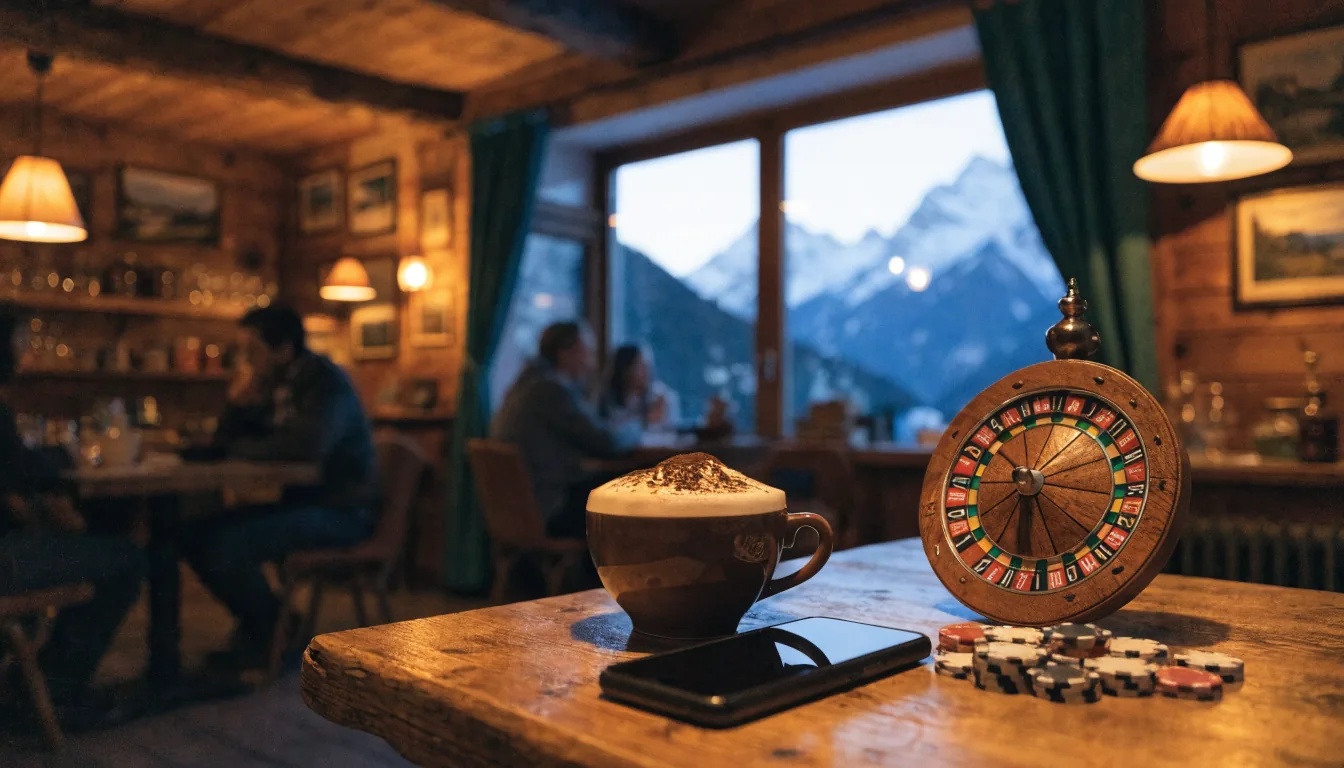 Alpencafé in Österreich mit Roulette-Dekor und Smartphone