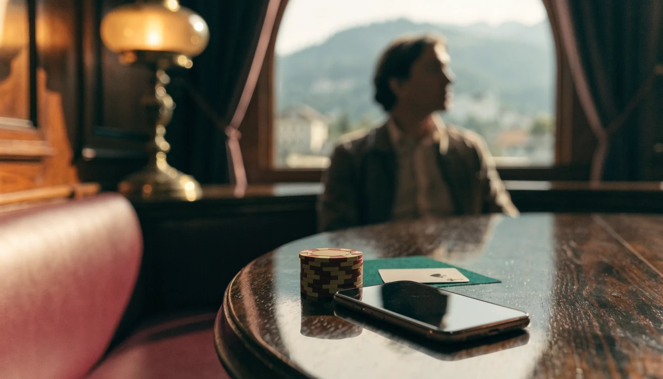 Smartphone, Casino-Chips und Spielkarte auf einem Holztisch im Wiener Café mit Alpenblick