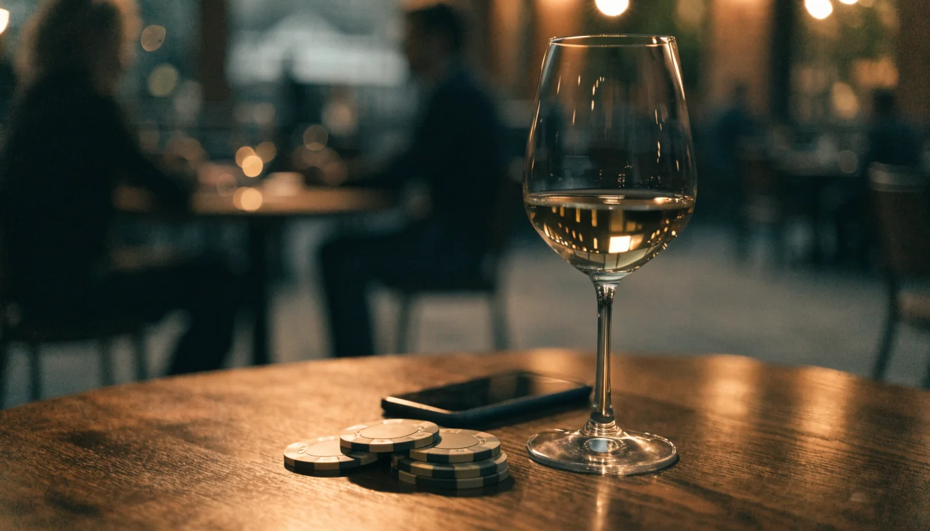 Österreichische Abendstimmung mit Casino-Chips und Smartphone auf einem Holztisch