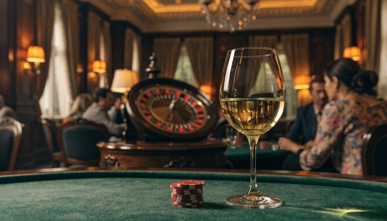 Österreichische Casino-Lounge mit Chipstapel und Roulette im Hintergrund