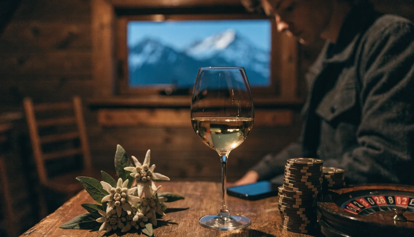 Alpenhütte mit Casino-Chips und Roulette in Österreich