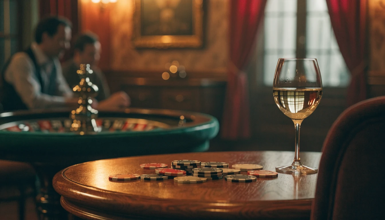 Eleganter österreichischer Casino-Loungebereich mit Chips und Roulette-Rad