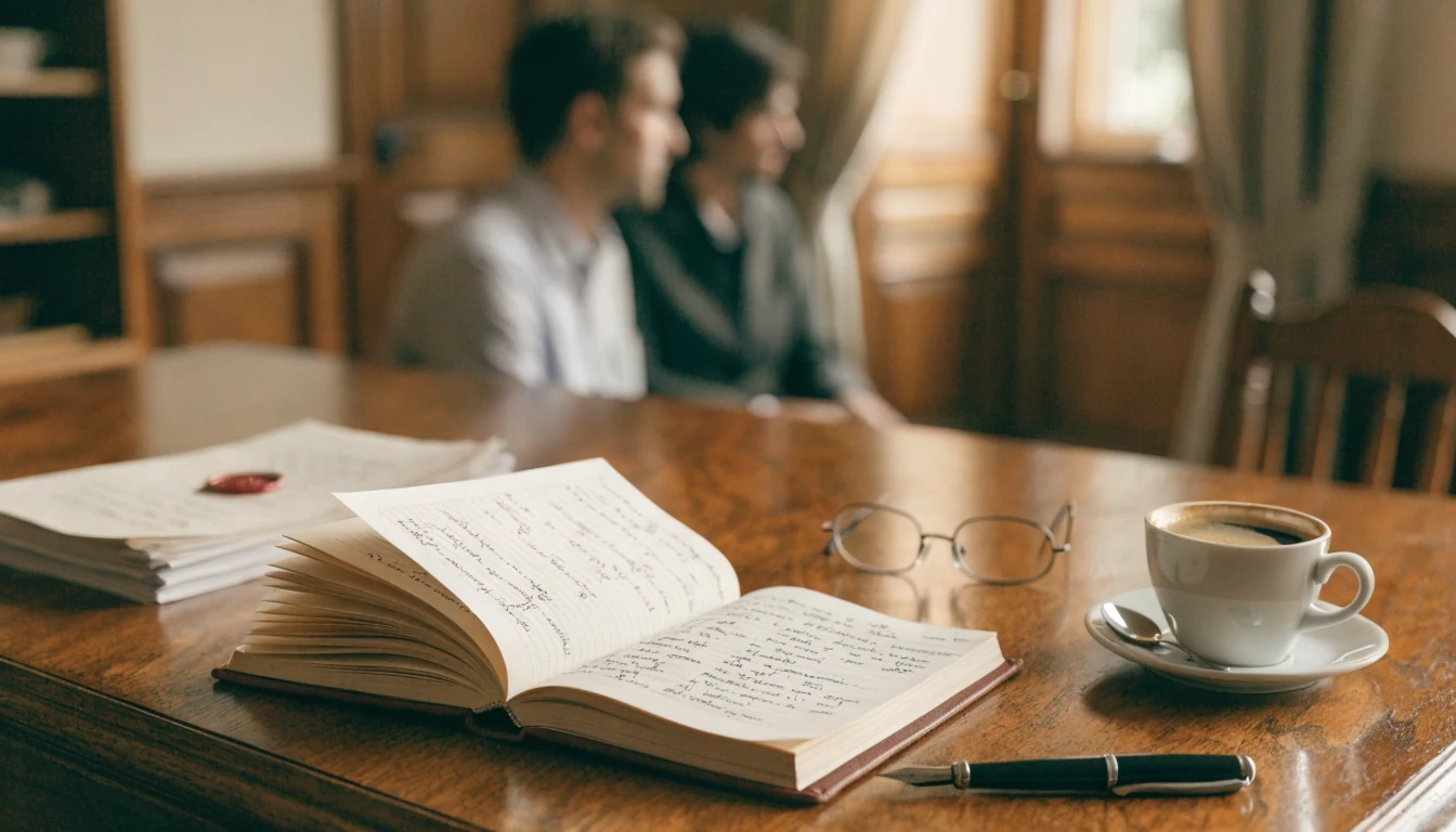 Schreibtisch mit juristischem Notizbuch, Füllfeder und Kaffee