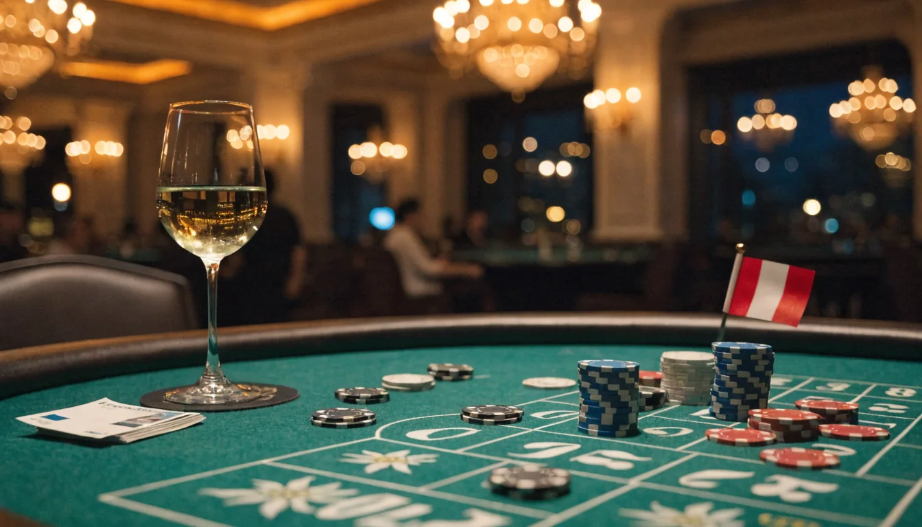 Luxuriöses Casino mit Roulette-Tisch, Jetons und Euro-Banknoten in warmer Atmosphäre.