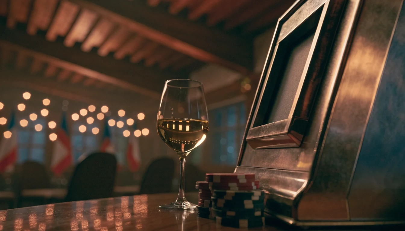 Stilisierte österreichische Casino-Szene mit klassischem Spielautomaten und goldenem Licht