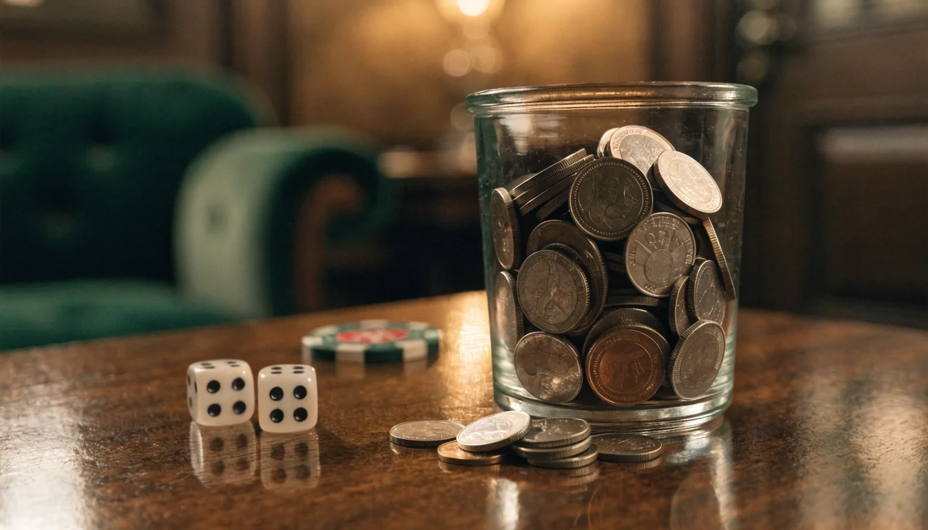 Glase mit Euro-Münzen und Roulette-Chip auf einem Tisch
