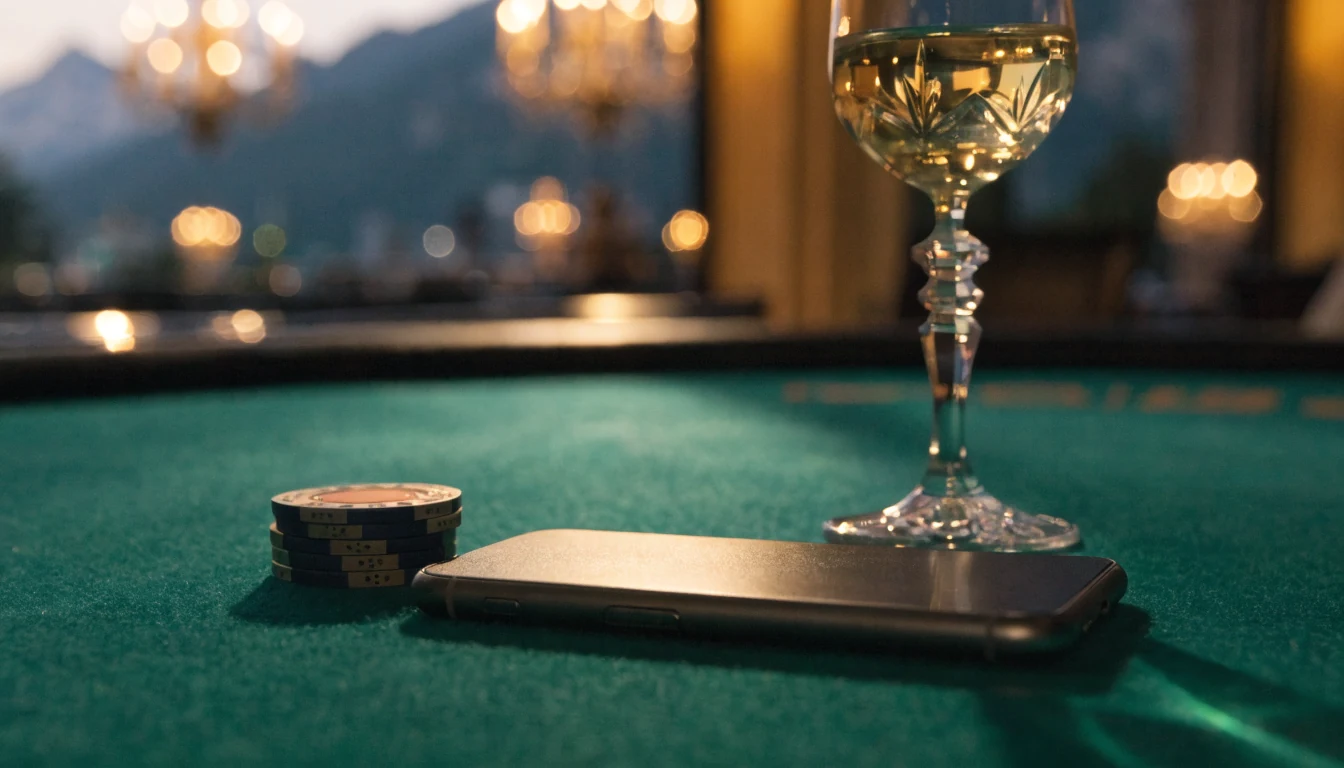 Smartphone auf Casino-Tisch mit Chips und österreichischem Wein