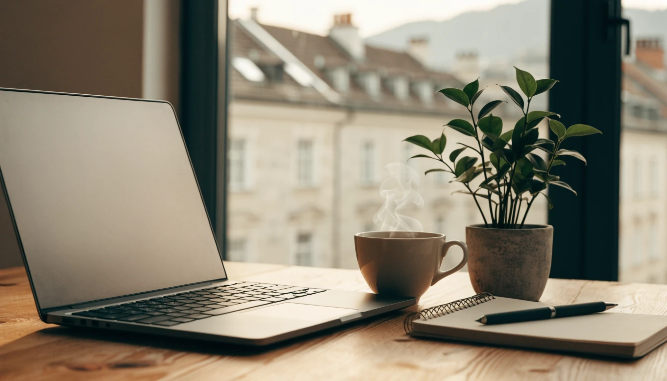 Einladender Schreibtisch in einem Wiener Büro mit Laptop, Kaffee und Notizbuch