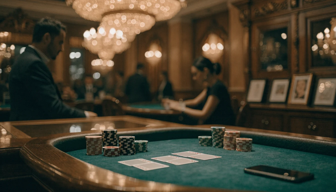 Eleganter Punto-Banco-Tisch mit ausgeteilten Karten und Casino-Chips